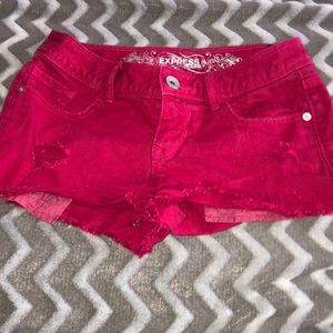 Red Jean Fringed Shorts